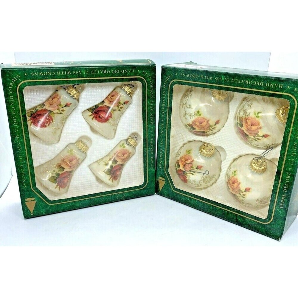 Eight Christmas by Krebs Floral Glass Ornaments Bell & Ball Glittered Vintage